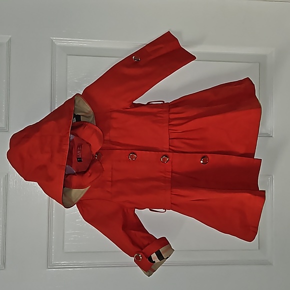 A3 Other - Girl's Red Boutique Trench Button Up Coat Removable Hood Foldable Wrist Sleeves
